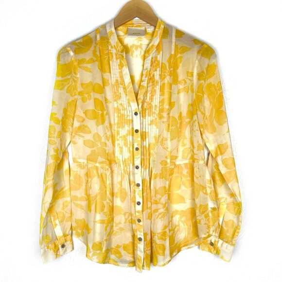 Anthropologie Maeve Yellow Floral Pinktuck Long Sleeve Cotton Blouse size 4 - Picture 2 of 5